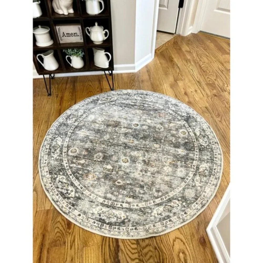 New 4ft Washable Grey Circular Rug, Non-Slip Low Pile Carpet for Bedroom & Dorm
